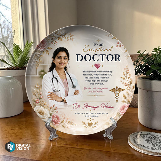 Personalized doctor appreciation decorative display wall plate with custom name design and stand, unique gift for doctors, medical professionals, healthcare heroes, and commemorative keepsake display décor