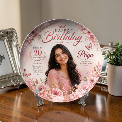Personalized birthday photo ceramic wall plate with custom photo and birthday message printing, floral artwork, premium ceramic plate printing, glossy custom wall plate finish, birthday memento, souvenir keepsake, surprise celebration gift, elegant room décor, and decorative ceramic wall decor display