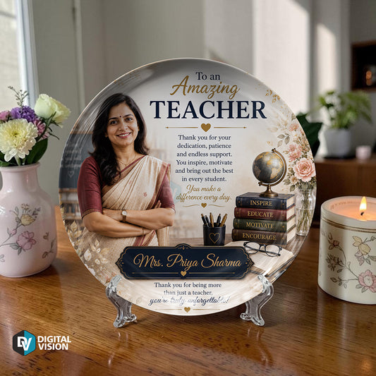 Personalized teacher appreciation decorative display ceramic plate with custom name design and stand, unique gift for teachers, mentors, educators, farewell gifts, and commemorative keepsake display décor