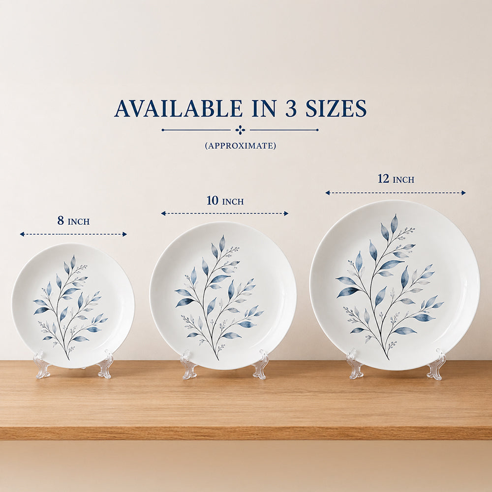 Ceramic decorative plates available in 8 inch, 10 inch and 12 inch sizes with floral design displayed on stands
