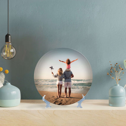 Personalized ceramic photo wall plate with custom memory photo printing, premium ceramic plate printing, glossy custom wall plate finish, decorative ceramic wall decor, travel memory memento, souvenir keepsake, anniversary gift, and elegant home décor display