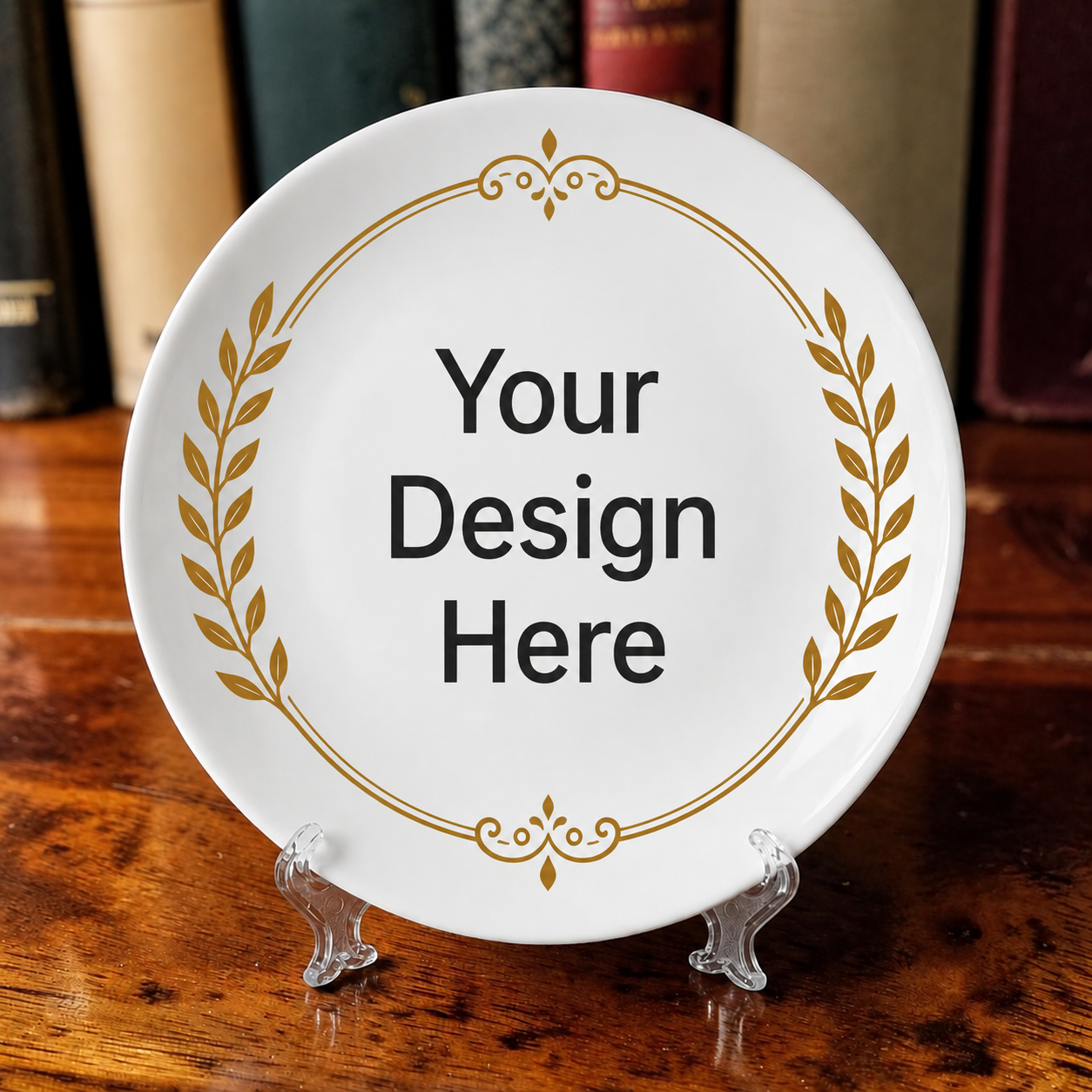 Custom printed ceramic plate mockup with elegant gold border design and placeholder for personalized artwork