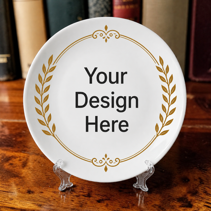 Custom printed ceramic plate mockup with elegant gold border design and placeholder for personalized artwork